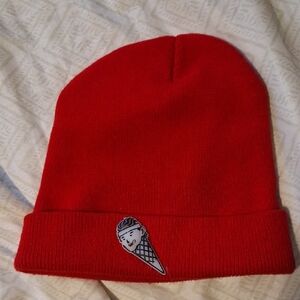 Icecream Red Cuffed Beanie with Cone Patch
